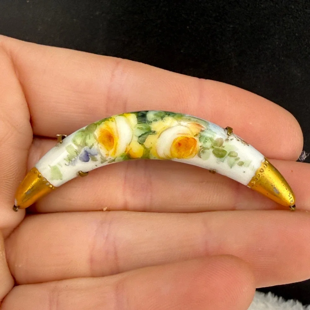 Vintage Victorian Hand Painted Porcelain Brooch Crescent Moon Yellow Rose Floral